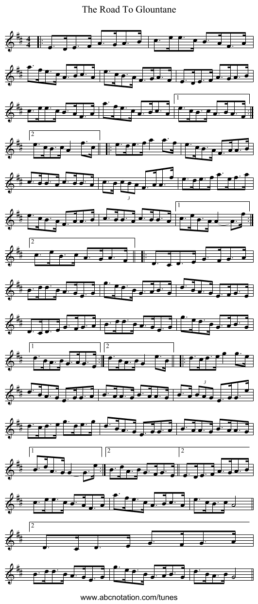 The Road To Glountane - staff notation
