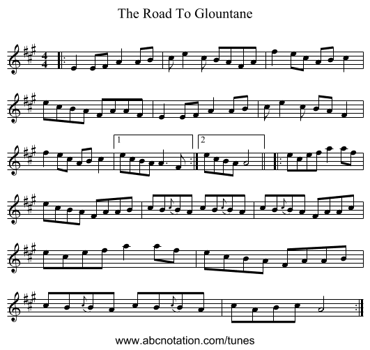 The Road To Glountane - staff notation