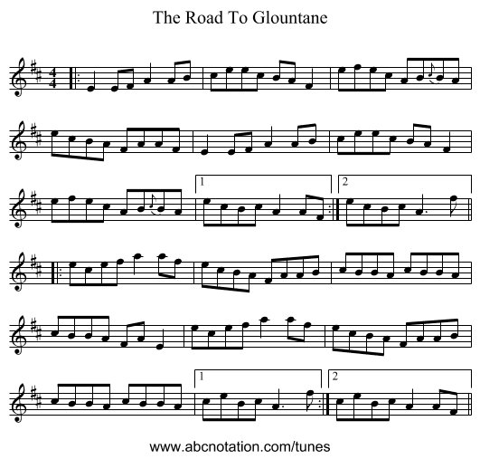 The Road To Glountane - staff notation