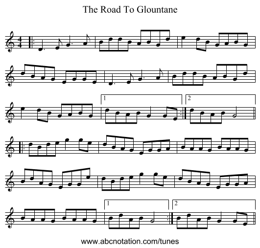 The Road To Glountane - staff notation