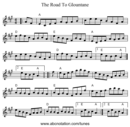 The Road To Glountane - staff notation