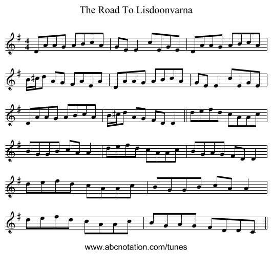The Road To Lisdoonvarna - staff notation