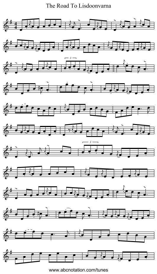 The Road To Lisdoonvarna - staff notation