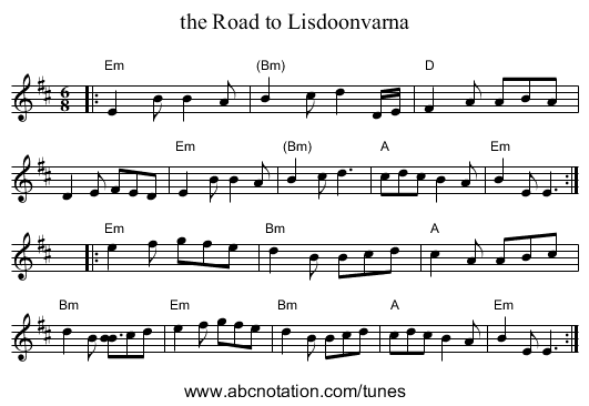 the Road to Lisdoonvarna - staff notation