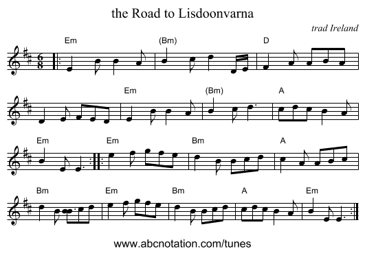 the Road to Lisdoonvarna - staff notation