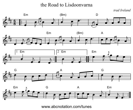 the Road to Lisdoonvarna - staff notation
