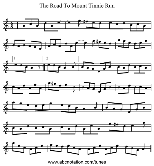 The Road To Mount Tinnie Run - staff notation