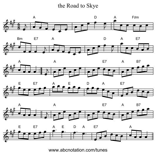 the Road to Skye - staff notation