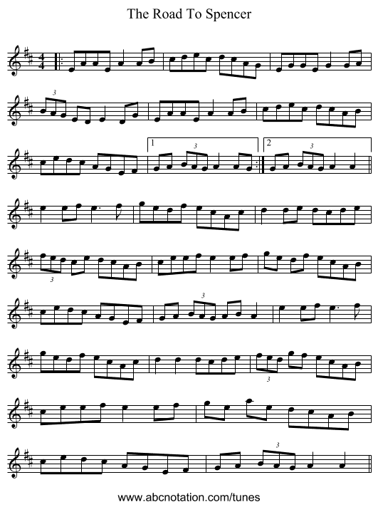 The Road To Spencer - staff notation