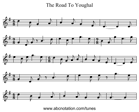 The Road To Youghal - staff notation