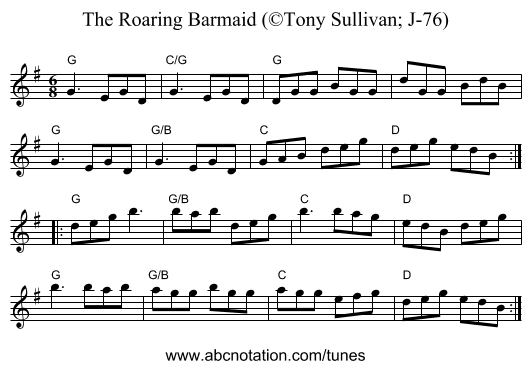 The Roaring Barmaid (©Tony Sullivan; J-76) - staff notation