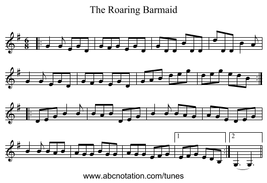 The Roaring Barmaid - staff notation