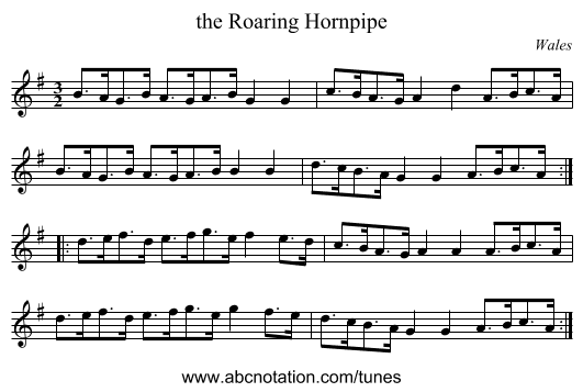 the Roaring Hornpipe - staff notation