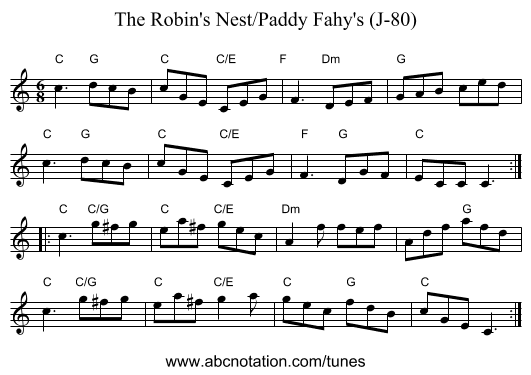 The Robin's Nest/Paddy Fahy's (J-80) - staff notation
