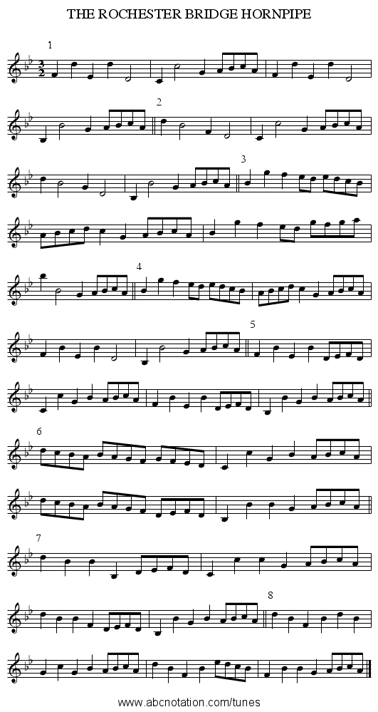 THE ROCHESTER BRIDGE HORNPIPE - staff notation