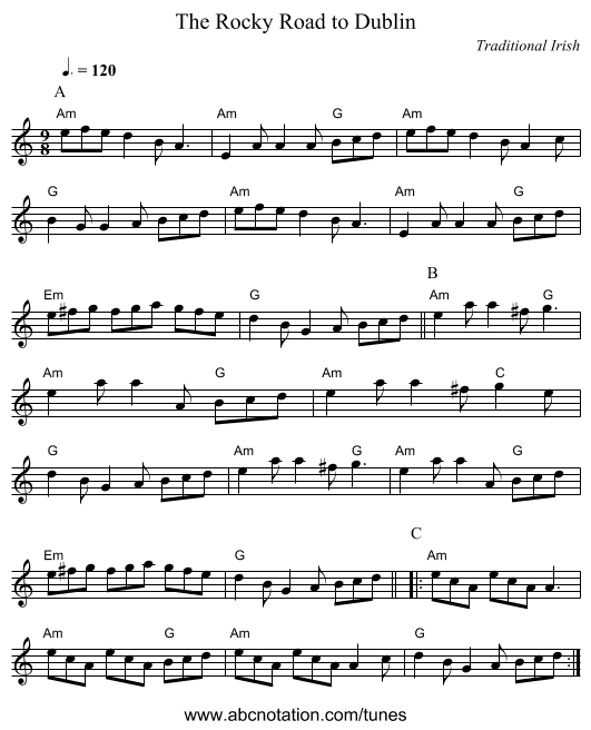 The Rocky Road to Dublin - staff notation