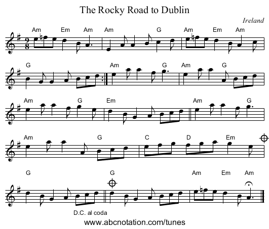 The Rocky Road to Dublin - staff notation