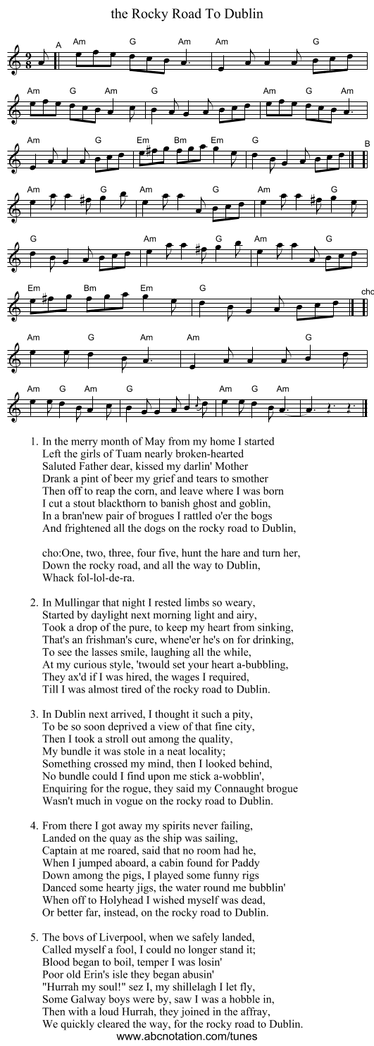 the Rocky Road To Dublin - staff notation