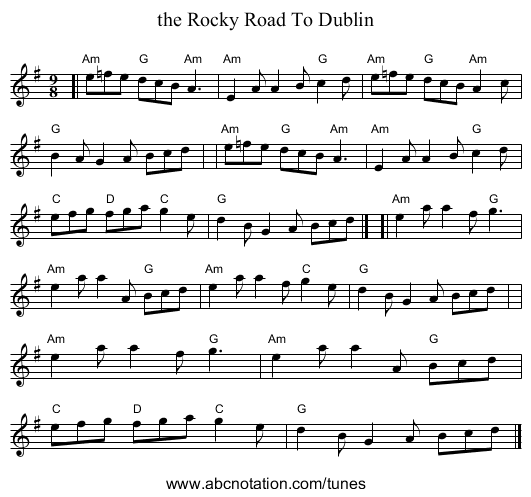 the Rocky Road To Dublin - staff notation