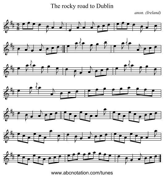 The rocky road to Dublin - staff notation