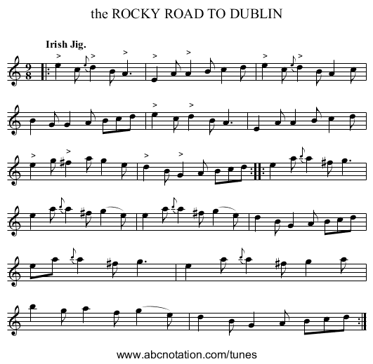 the ROCKY ROAD TO DUBLIN - staff notation