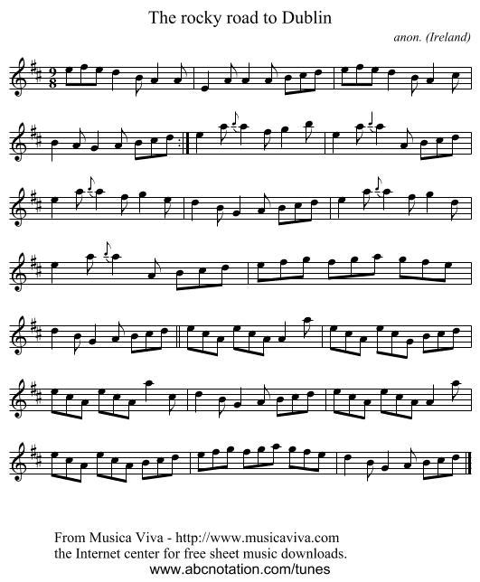The rocky road to Dublin - staff notation