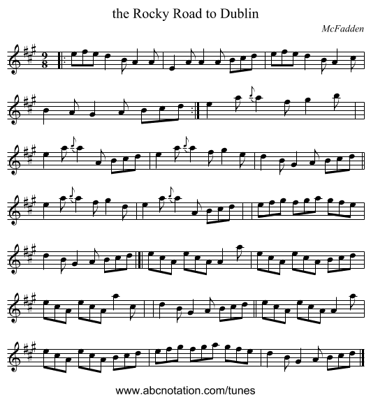 the Rocky Road to Dublin - staff notation