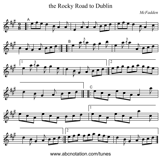 the Rocky Road to Dublin - staff notation
