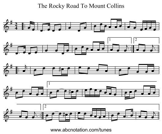 The Rocky Road To Mount Collins - staff notation