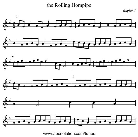 the Rolling Hornpipe - staff notation