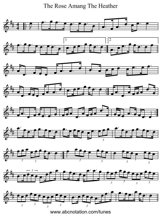 The Rose Amang The Heather - staff notation
