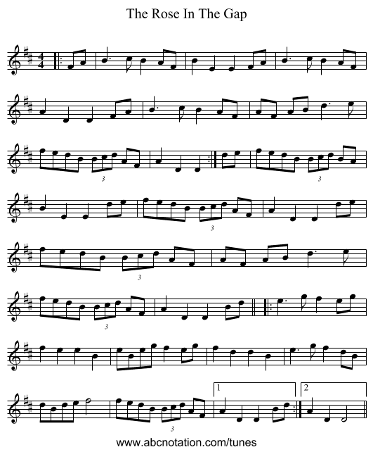 The Rose In The Gap - staff notation