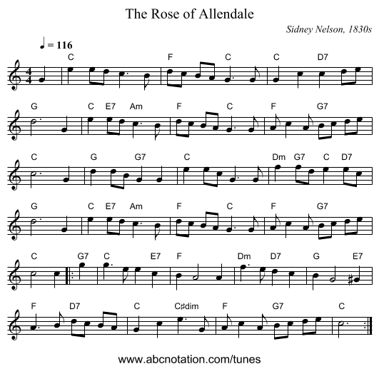 The Rose of Allendale - staff notation
