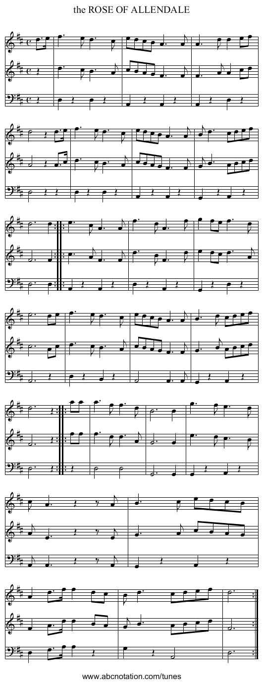 the ROSE OF ALLENDALE - staff notation