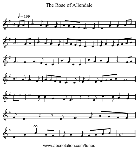 The Rose of Allendale - staff notation