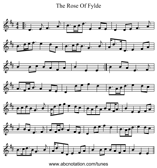 The Rose Of Fylde - staff notation