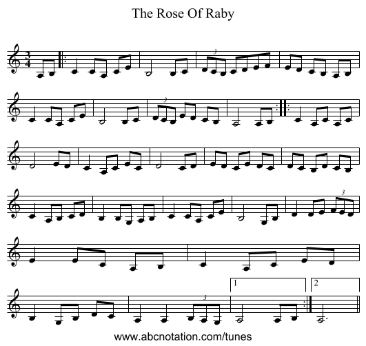 The Rose Of Raby - staff notation