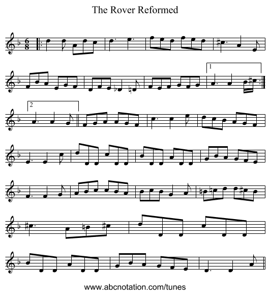 The Rover Reformed - staff notation