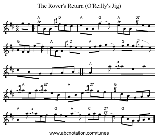 The Rover's Return (O'Reilly's Jig) - staff notation