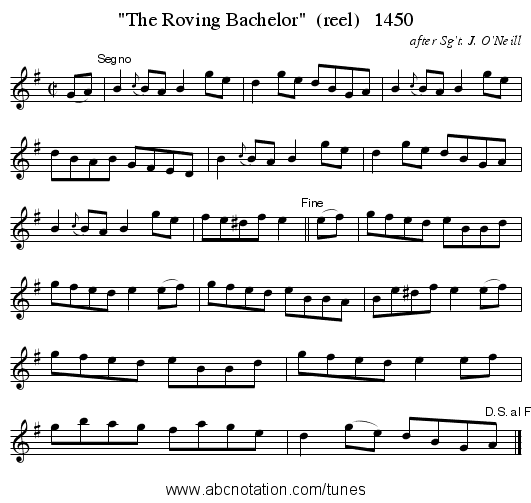 The Roving Bachelor  (reel)   1450 - staff notation