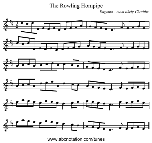 The Rowling Hornpipe - staff notation