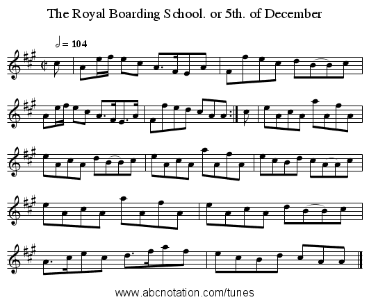 The Royal Boarding School. or 5th. of December - staff notation
