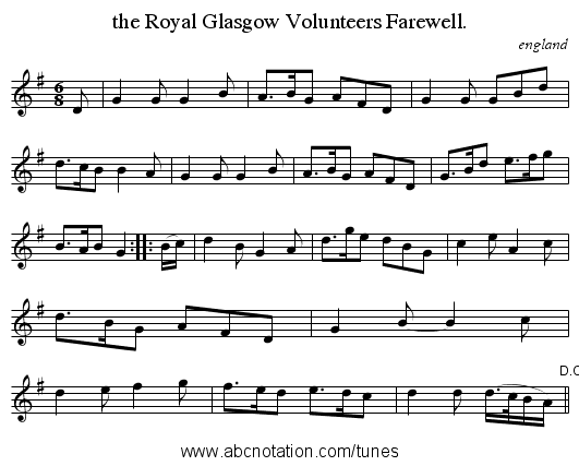the Royal Glasgow Volunteers Farewell. - staff notation