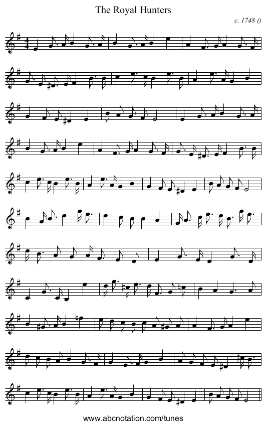 The Royal Hunters - staff notation
