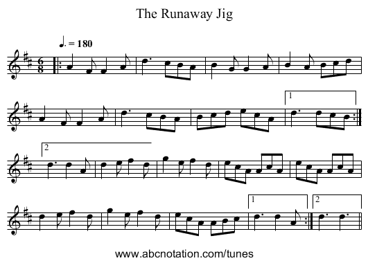 The Runaway Jig - staff notation