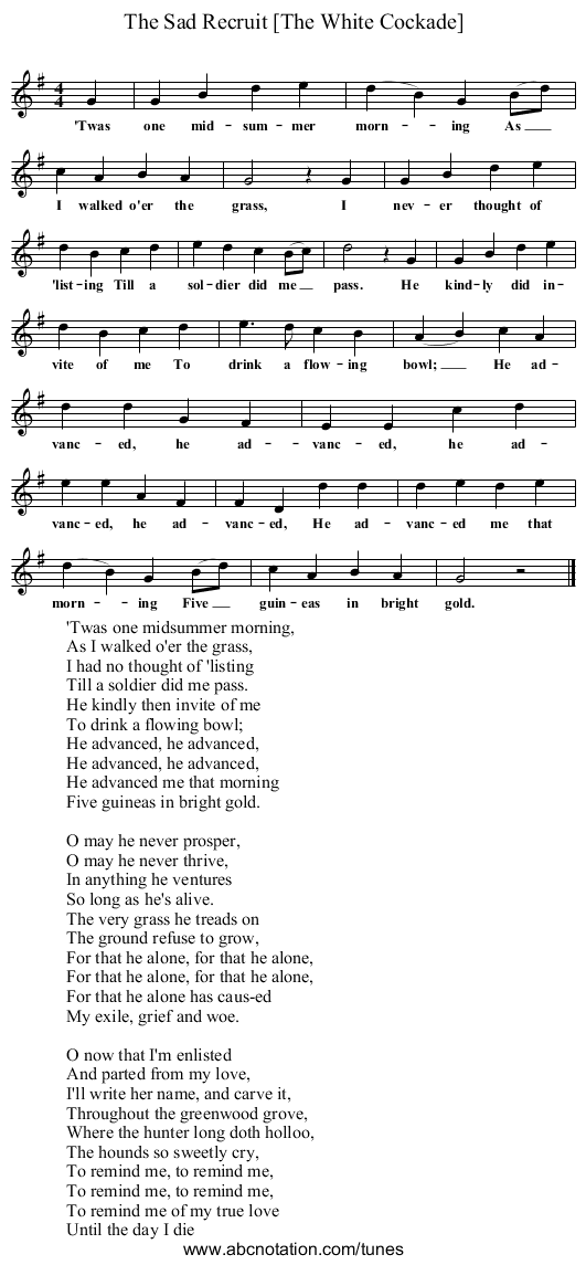 The Sad Recruit [The White Cockade] - staff notation