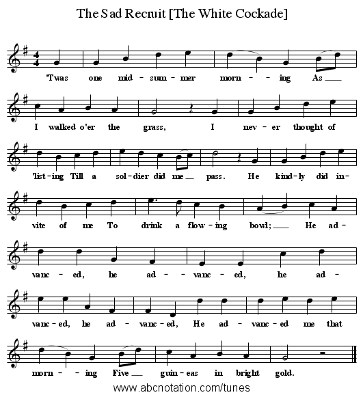 The Sad Recruit [The White Cockade] - staff notation