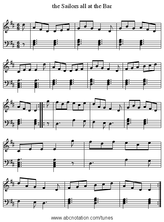the Sailors all at the Bar - staff notation