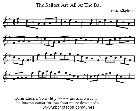 The Sailors Are All At The Bar - staff notation