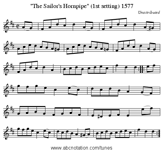 The Sailor's Hornpipe (1st setting) 1577 - staff notation